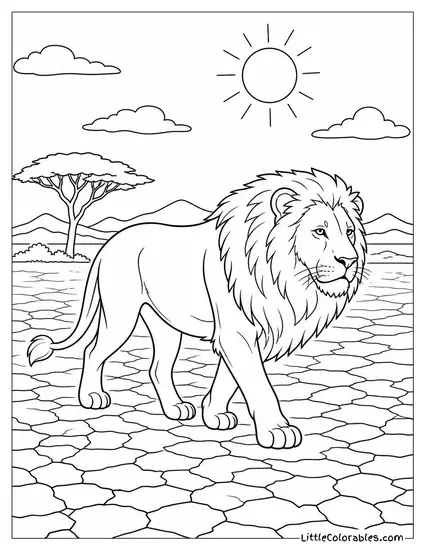 A Lion Walking Slowly Across a Dry Cracked Clay Pan at Noon Coloring Page