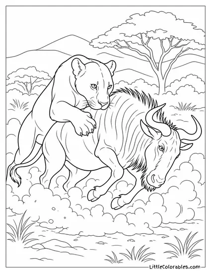 A Lioness Bringing Down a Wildebeest in a Cloud of Dust Coloring Page