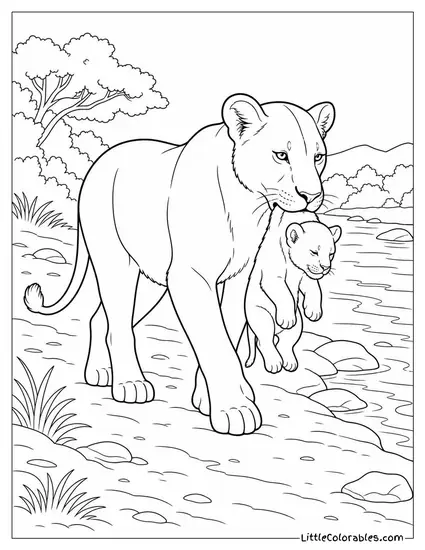 A Lioness Carrying a Cub by the Scruff Across a Sandy Riverbank Coloring Page