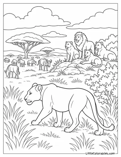 A Lioness Circling a Herd from Downwind While the Rest of the Pride Waits Coloring Page