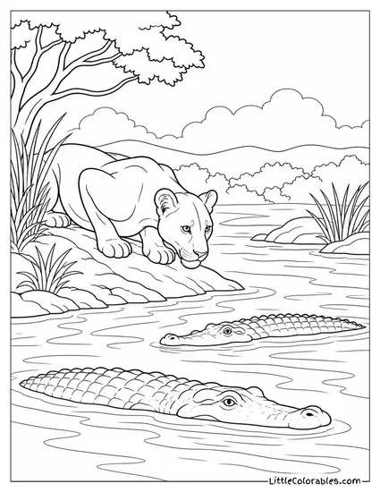 A Lioness Crouching at a Riverbank Watching Crocodiles Slide Past Coloring Page