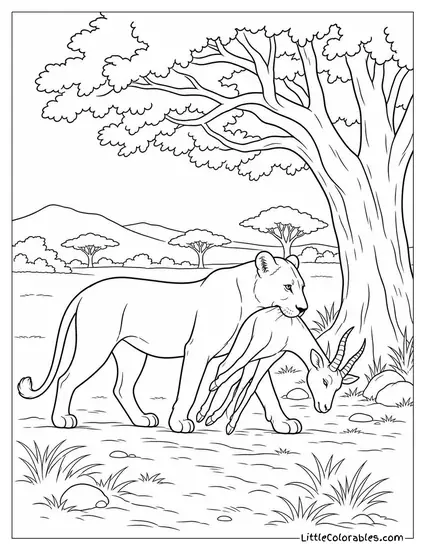 A Lioness Dragging Prey Toward a Shady Tree Coloring Page