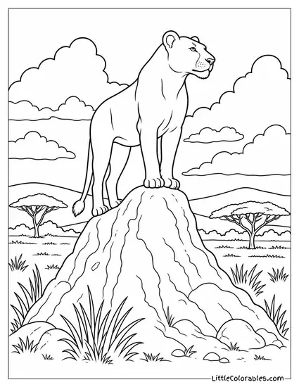 A Lioness Scanning the Horizon from a Raised Termite Mound Coloring Page