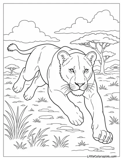 A Lioness Sprinting in Full Pursuit Across Open Ground Coloring Page