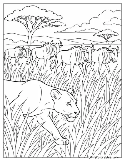 A Lioness Stalking a Herd of Wildebeest Through Tall Dry Grass Coloring Page