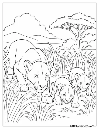 A Lioness Teaching Cubs to Crouch and Stalk in the Grass Coloring Page