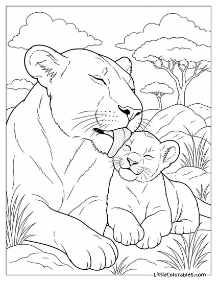A Lioness Washing a Cub's Face with Her Rough Tongue Coloring Page