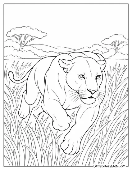 A Lioness with Ears Flat Sprinting Through Knee-High Grass Coloring Page
