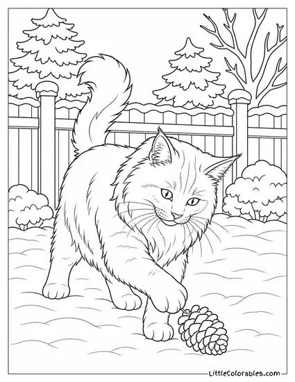 A Maine Coon Batting a Pine Cone Around a Snowy Yard Coloring Page