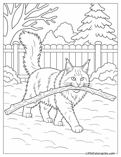 A Maine Coon Dragging a Large Stick Across a Snowy Backyard Coloring Page