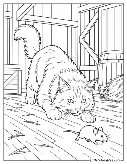 A Maine Coon Hunting a Mouse Through a Barn Coloring Page