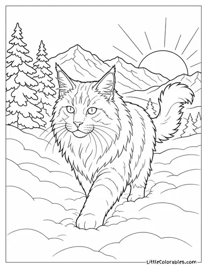 A Maine Coon Padding Silently Through Deep Snow at Dawn Coloring Page
