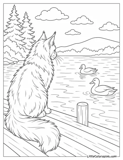 A Maine Coon Sitting on a Dock Watching Ducks on a Lake Coloring Page