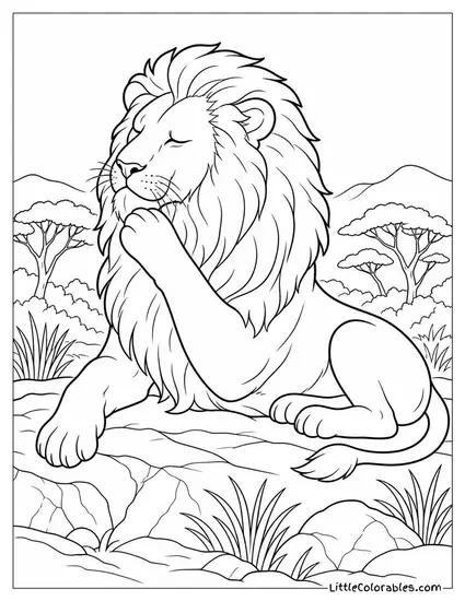 A Male Lion Grooming His Mane with a Forepaw Coloring Page