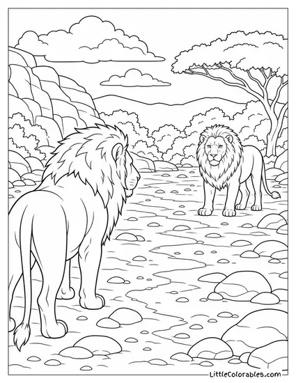 A Male Lion in a Standoff with a Rival Across a Dry Riverbed Coloring Page