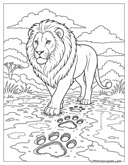 A Male Lion Leaving Deep Paw Prints in Mud After Rain Coloring Page