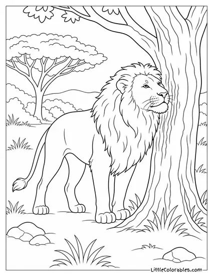 A Male Lion Marking a Tree Trunk with His Scent Coloring Page