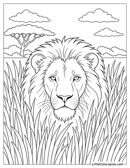 A Male Lion Standing in Long Grass with Only His Head Visible Coloring Page
