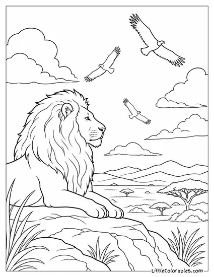 A Male Lion Watching Vultures Circle in the Distance Coloring Page