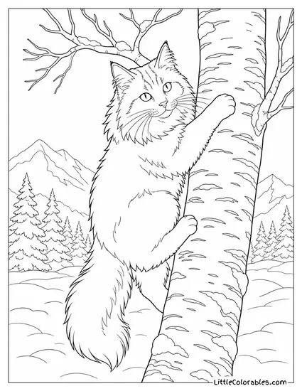 A Norwegian Forest Cat Climbing a Birch Tree in the Snow Coloring Page