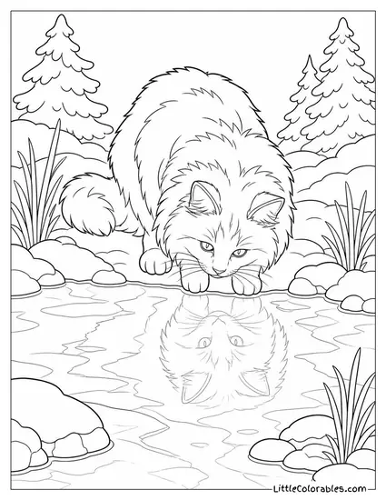 A Norwegian Forest Cat Peering Into a Frozen Pond Coloring Page
