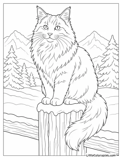 A Norwegian Forest Cat Perched on a Snow-Covered Fence Post Coloring Page