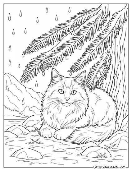 A Norwegian Forest Cat Sheltering Under a Pine Tree in the Rain Coloring Page