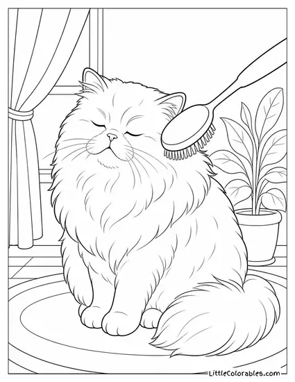 A Persian Cat Being Brushed by an Invisible Hand with Eyes Closed Coloring Page