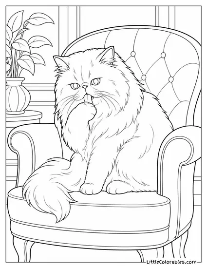 A Persian Cat Grooming Itself on a Velvet Armchair Coloring Page