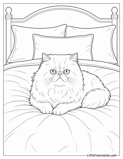 A Persian Cat Refusing to Move from the Center of a Made Bed Coloring Page