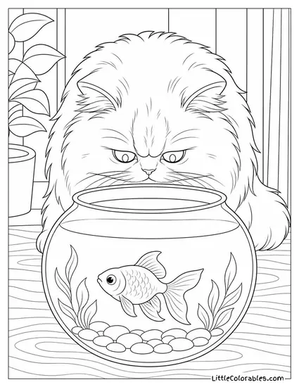 A Persian Cat Staring Down at a Goldfish Bowl from Above Coloring Page