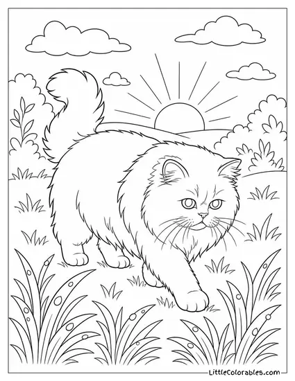 A Persian Cat Stepping Gingerly Across Wet Grass at Dawn Coloring Page