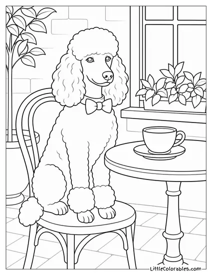 A Poodle Sitting in a Cafe Beside a Coffee Cup Looking Refined Coloring Page