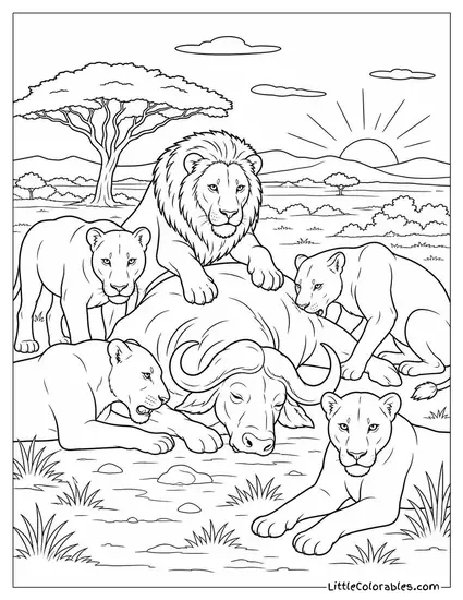 A Pride of Lions at a Buffalo Kill at First Light Coloring Page