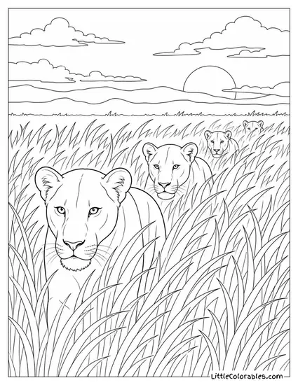 A Pride of Lions Disappearing One by One Into Tall Evening Grass Coloring Page