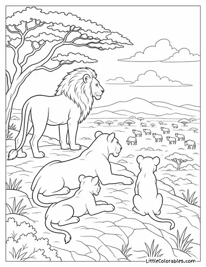 A Pride of Lions Watching a Distant Herd from a Ridge Coloring Page