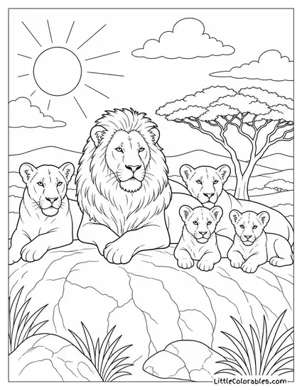 A Pride Resting on a Granite Boulder Warming in the Morning Sun Coloring Page