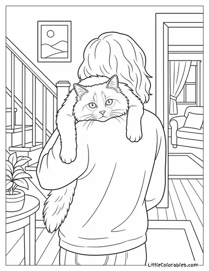 A Ragdoll Cat Draped Over a Shoulder Being Carried Through a House Coloring Page