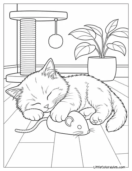 A Ragdoll Kitten Falling Asleep Mid Play with a Toy Mouse Coloring Page