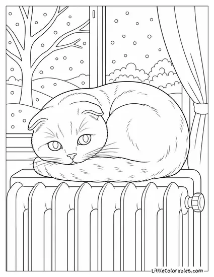 A Scottish Fold Curled Tightly on a Radiator in Winter Coloring Page