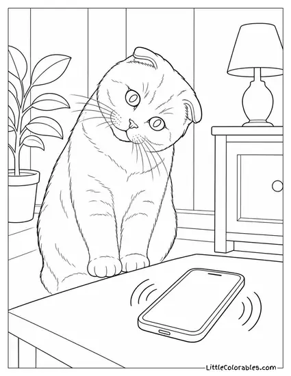 A Scottish Fold Tilting Its Head at a Phone Ringing on a Table Coloring Page