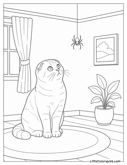 A Scottish Fold Watching a Spider Descend from the Ceiling Coloring Page