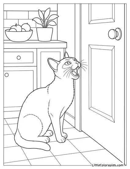 A Siamese Cat Calling Loudly at a Closed Kitchen Door Coloring Page