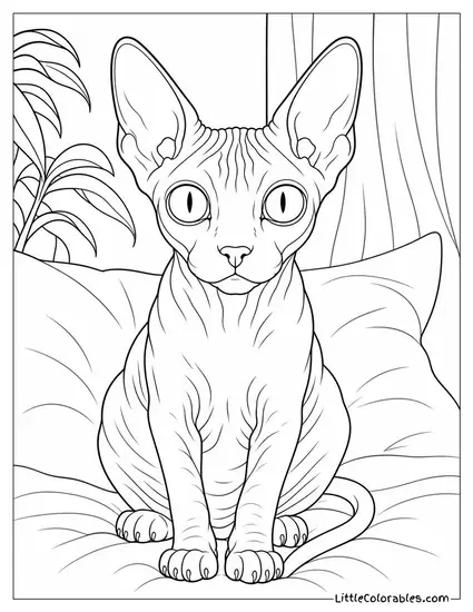 A Sphynx Cat Staring Directly at the Viewer with Huge Unblinking Eyes Coloring Page