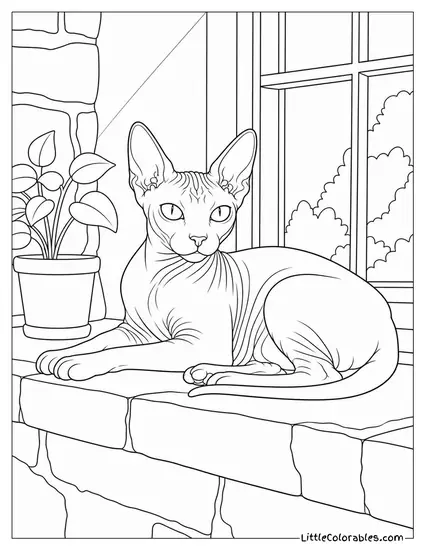 A Sphynx Cat Sunbathing on a Warm Stone Windowsill Coloring Page