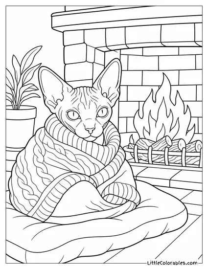 A Sphynx Cat Wrapped in a Tiny Sweater Beside a Fireplace Coloring Page