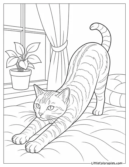 A Tabby Cat Frozen Mid Stretch After Waking Up Coloring Page
