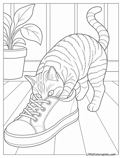 A Tabby Cat Half Inside a Shoe Investigating the Dark Coloring Page