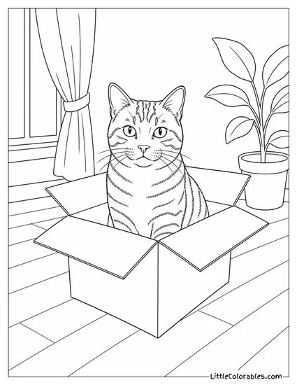 A Tabby Cat Sitting in an Empty Cardboard Box Immediately After Unpacking Coloring Page