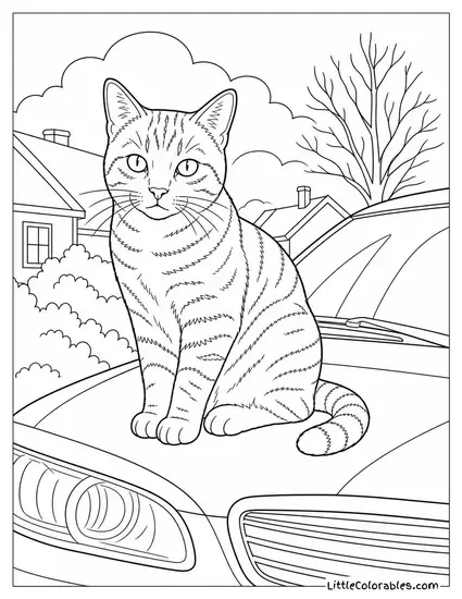 A Tabby Cat Sitting on a Warm Car Hood on a Cold Morning Coloring Page